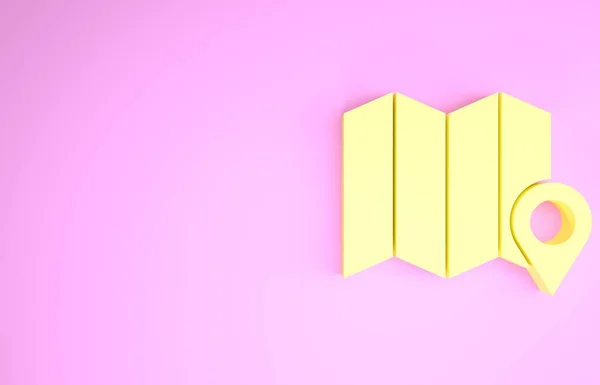 Żółty Położenie lasu na mapie ikona odizolowana na różowym tle. Koncepcja minimalizmu. Ilustracja 3D 3D renderowania — Zdjęcie stockowe