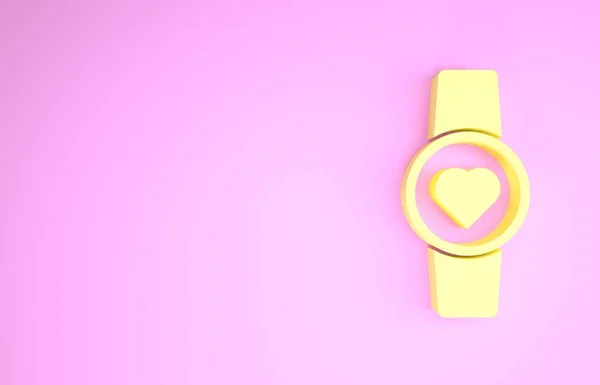 Relógio inteligente amarelo mostrando ícone de ritmo cardíaco isolado no fundo rosa. Conceito de Fitness App. Conceito de minimalismo. 3D ilustração 3D render — Fotografia de Stock