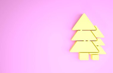 Sarı ağaç simgesi pembe arkaplanda izole edilmiş. Orman sembolü. Minimalizm kavramı. 3d illüstrasyon 3B canlandırma