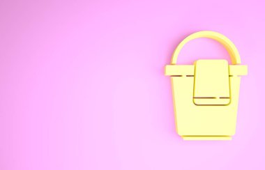 Pembe arka planda izole edilmiş bez ikonlu sarı kova. Temizlik hizmeti konsepti. Minimalizm kavramı. 3d illüstrasyon 3B canlandırma