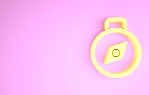 Ícone amarelo da bússola isolado no fundo rosa. Símbolo de navegação Windrose. Sinal de rosa do vento. Conceito de minimalismo. 3D ilustração 3D render — Fotografia de Stock