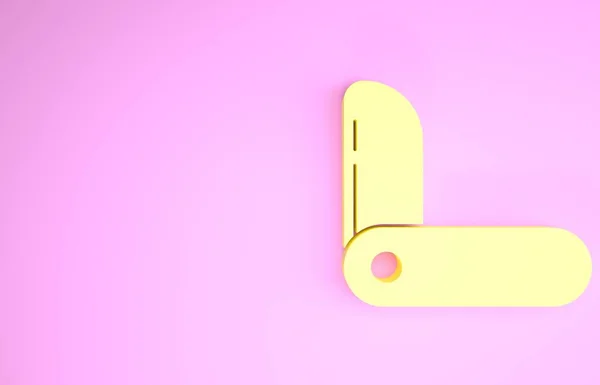 Żółta szwajcarska ikona noża odizolowana na różowym tle. Wielofunkcyjny scyzoryk. Wielofunkcyjne narzędzie. Koncepcja minimalizmu. Ilustracja 3D 3D renderowania — Zdjęcie stockowe