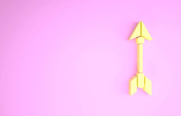 Желтая иконка со стрелкой хипстера выделена на розовом фоне. Концепция минимализма. 3D-рендеринг — стоковое фото
