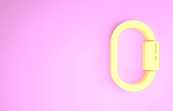 Κίτρινος Carabiner εικονίδιο απομονώνονται σε ροζ φόντο. Ακραίο άθλημα. Αθλητικός εξοπλισμός. Μινιμαλιστική έννοια. 3d απεικόνιση 3D καθιστούν — Φωτογραφία Αρχείου