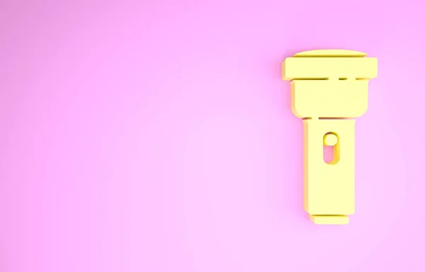Sárga zseblámpa ikon elszigetelt rózsaszín alapon. Minimalizmus koncepció. 3d illusztráció 3D render — Stock Fotó