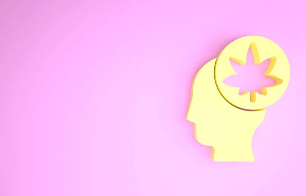 Tête masculine jaune de profil avec icône de marijuana ou de feuille de cannabis isolée sur fond rose. Légalisation de la marijuana. Symbole de chanvre. Concept de minimalisme. Illustration 3D rendu 3D — Photo