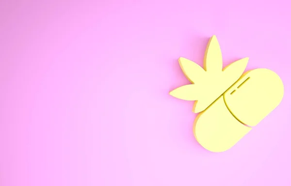 Жовті медичні таблетки з іконою листя марихуани або канабісу ізольовані на рожевому фоні. Збирати екстракти конопель в баночках. Концепція мінімалізму. 3D ілюстрація 3D рендеринга — стокове фото