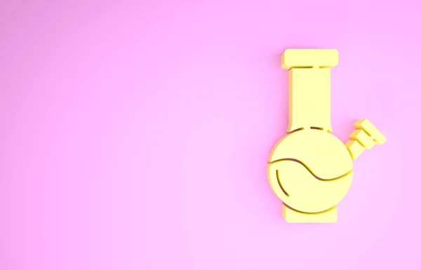 黄色のガラスは、ピンクの背景に隔離されたマリファナや大麻のアイコンを喫煙するために接着する。最小限の概念。3Dイラスト3Dレンダリング — ストック写真