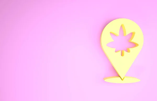 Ponteiro de mapa amarelo e ícone de folha de maconha ou cannabis isolado no fundo rosa. Símbolo de cânhamo. Conceito de minimalismo. 3D ilustração 3D render — Fotografia de Stock