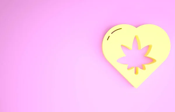Желтый лист марихуаны в форме сердца значок изолирован на розовом фоне. Символ конопли. Концепция минимализма. 3D-рендеринг — стоковое фото