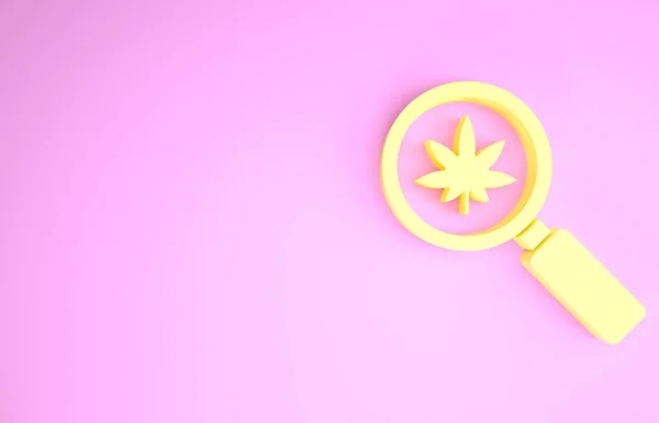 Yellow Magnifying glass and medical marijuana or cannabis leaf icon isolated on pink background. Hemp symbol. Minimalism concept. 3d illustration 3D render — Stock Photo, Image