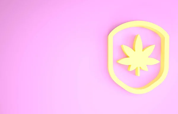 Escudo amarillo y marihuana o icono de la hoja de cannabis aislado sobre fondo rosa. Legalización de la marihuana. Un símbolo de cáñamo. Concepto minimalista. 3D ilustración 3D render — Foto de Stock