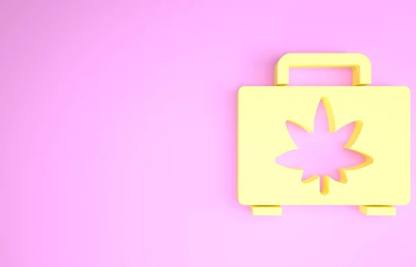 Caixa de compras amarela de maconha medicinal ou ícone de folha de cannabis isolado no fundo rosa. Comprar cannabis. Símbolo de cânhamo. Conceito de minimalismo. 3D ilustração 3D render — Fotografia de Stock