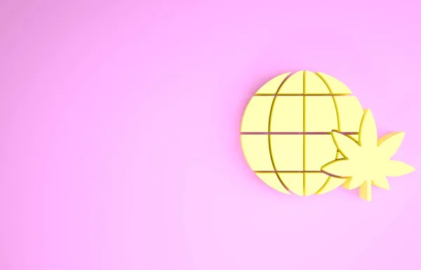 Żółty Legalizacji marihuany lub marihuany symbol kuli ziemskiej ikony izolowane na różowym tle. Symbol konopi. Koncepcja minimalizmu. Ilustracja 3d — Zdjęcie stockowe