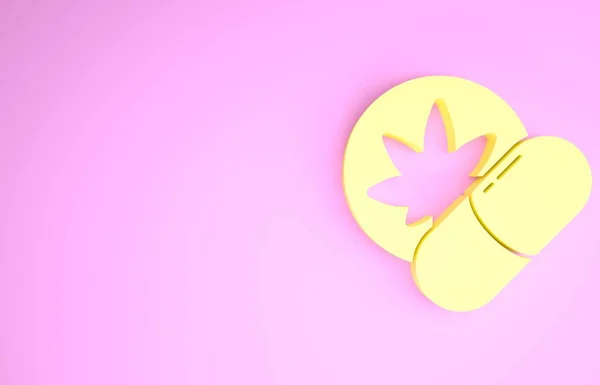 Icône jaune comprimés d'ecstasy à base de plantes isolée sur fond rose. Concept de minimalisme. Illustration 3D rendu 3D — Photo