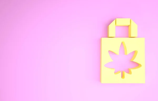 Sacchetto di carta giallo Shopping di marijuana medica o icona foglia di cannabis isolato su sfondo rosa. Comprare cannabis. Simbolo di canapa. Concetto minimalista. Illustrazione 3d rendering 3D — Foto Stock