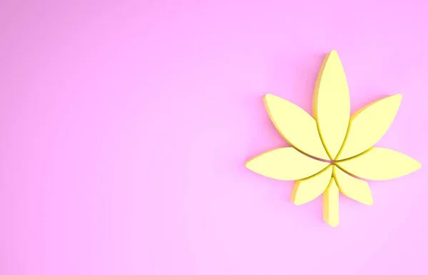 Marihuana medicinal amarilla o icono de la hoja de cannabis aislado sobre fondo rosa. Un símbolo de cáñamo. Concepto minimalista. 3D ilustración 3D render — Foto de Stock