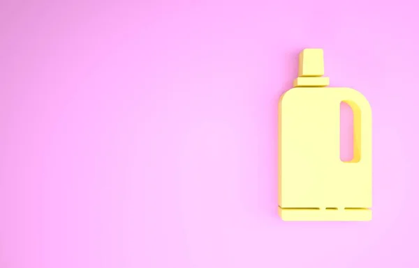 Κίτρινη εικόνα μαλακτικού υφάσματος που απομονώνεται σε ροζ φόντο. Υγρό απορρυπαντικό, μαλακτικό, καθαριστικό, χλωρίνη. Μινιμαλιστική έννοια. 3d απεικόνιση 3D καθιστούν — Φωτογραφία Αρχείου