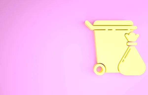 Žlutá popelnice a ikona pytle na odpadky izolované na růžovém pozadí. Popelnice. Recyklovat ikonu koše. Ikona koše v kanceláři. Minimalismus. 3D ilustrace 3D vykreslení — Stock fotografie