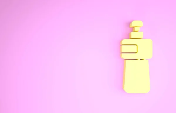 Ícone de garrafa líquido de lavagem de louça amarelo isolado no fundo rosa. Detergente líquido para lavar pratos. Conceito de minimalismo. 3D ilustração 3D render — Fotografia de Stock