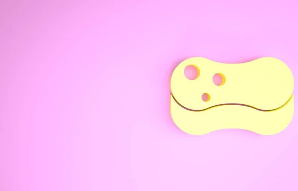 Żółta ikona gąbka izolowana na różowym tle. Kawałek łyka do zmywania naczyń. Koncepcja usługi sprzątania. Koncepcja minimalizmu. Ilustracja 3D 3D renderowania — Zdjęcie stockowe