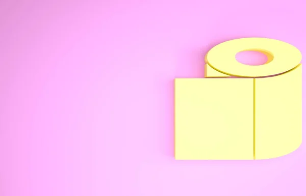 Желтый значок рулон туалетной бумаги изолирован на розовом фоне. Концепция минимализма. 3D-рендеринг — стоковое фото
