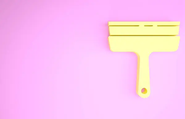 Service de nettoyage jaune avec de nettoyant en caoutchouc pour icône de fenêtres isolées sur fond rose. Raclette, grattoir, essuie-glace. Concept de minimalisme. Illustration 3D rendu 3D — Photo