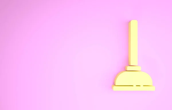 Pistolet en caoutchouc jaune avec poignée en bois pour icône de nettoyage de tuyau isolé sur fond rose. Pistolet de toilette. Concept de minimalisme. Illustration 3D rendu 3D — Photo