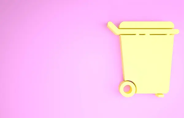 Żółty kosz może ikona izolowane na różowym tle. Znak śmietnika. Ikona koszyczka recyklingu. Ikona biurowych śmieci. Koncepcja minimalizmu. Ilustracja 3D 3D renderowania — Zdjęcie stockowe