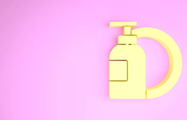 Amarelo Garrafa de líquido de lavagem de pratos e ícone de placa isolado no fundo rosa. Detergente líquido para lavar pratos. Conceito de minimalismo. 3D ilustração 3D render — Fotografia de Stock