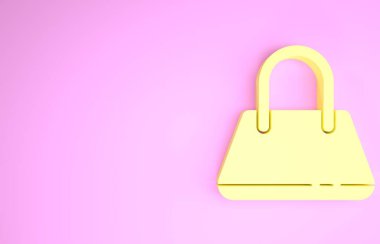 Sarı El Çantası simgesi pembe arkaplanda izole edildi. Kadın el çantası işareti. Glamour günlük bagaj sembolü. Minimalizm kavramı. 3d illüstrasyon 3B canlandırma