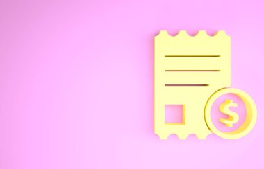 Sarı kağıt kontrol ve pembe arka planda izole edilmiş mali kontrol simgesi. Kağıt baskı çeki, makbuz ya da fatura. Minimalizm kavramı. 3d illüstrasyon 3d canlandırma