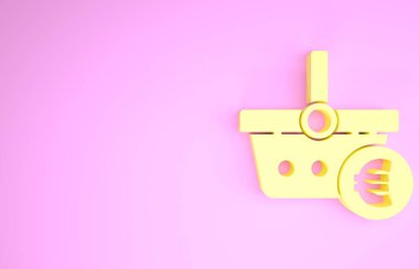 Sarı alışveriş sepeti ve avroya ait sembol pembe arka planda izole edilmiş. İnternetten satın alma konsepti. Teslimat servisi. Alışveriş arabası. Minimalizm kavramı. 3d illüstrasyon 3B canlandırma