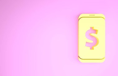 Pembe arka planda dolar sembolü olan sarı akıllı telefon. İnternetten alışveriş konsepti. Finansal cep telefonu. Çevrimiçi ödeme. Minimalizm kavramı. 3d illüstrasyon 3B canlandırma