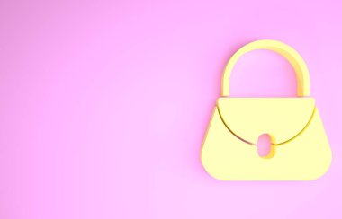 Sarı El Çantası simgesi pembe arkaplanda izole edildi. Kadın el çantası işareti. Glamour günlük bagaj sembolü. Minimalizm kavramı. 3d illüstrasyon 3B canlandırma