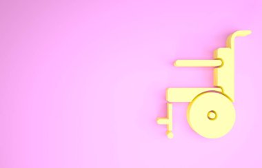 Özürlü kişi simgesi için sarı tekerlekli sandalye pembe arka planda izole edildi. Minimalizm kavramı. 3d illüstrasyon 3B canlandırma