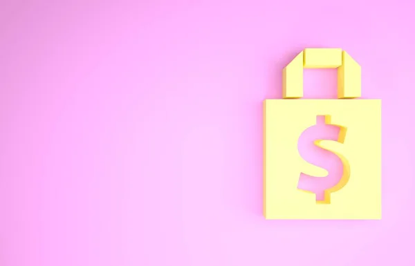 Žlutý nákupní taška a symbol dolar ikona izolované na růžovém pozadí. Značka kabelky. Ikona ženské tašky. Dámská kabelka. Minimalismus. 3D ilustrace 3D vykreslení — Stock fotografie