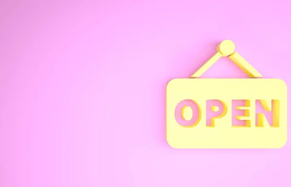 Signo colgante amarillo con texto Icono de puerta abierta aislado sobre fondo rosa. Concepto minimalista. 3D ilustración 3D render — Foto de Stock