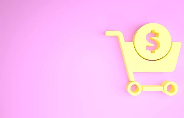 Carrito de compras amarillo y símbolo del dólar icono aislado sobre fondo rosa. Concepto de compra en línea. Servicio de entrega. Cesta del supermercado. Concepto minimalista. 3D ilustración 3D render —  Fotos de Stock