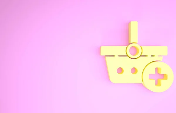 Gelbes Symbol zum Warenkorb hinzufügen isoliert auf rosa Hintergrund. Online-Kaufkonzept. Lieferservice. Supermarkt Warenkorb Symbol. Minimalismus-Konzept. 3D Illustration 3D Renderer — Stockfoto