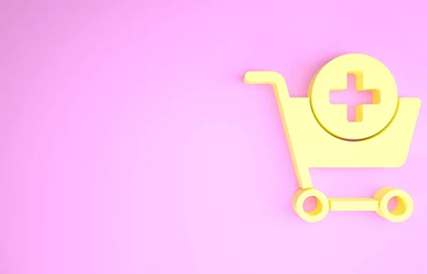 Žlutá Přidat do nákupního košíku ikona izolované na růžovém pozadí. Online nákupní koncept. Podpis doručovací služby. Symbol supermarketu. Minimalismus. 3D ilustrace 3D vykreslení — Stock fotografie