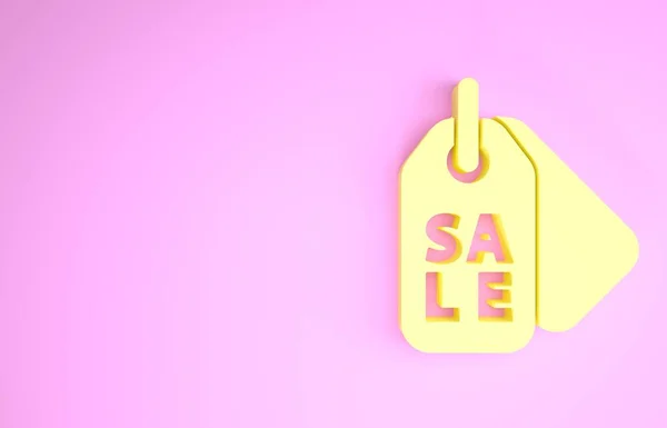 Yellow Price tag with an inscription Icono de venta aislado sobre fondo rosa. Insignia por precio. Descuento de etiqueta promocional. Concepto minimalista. 3D ilustración 3D render — Foto de Stock