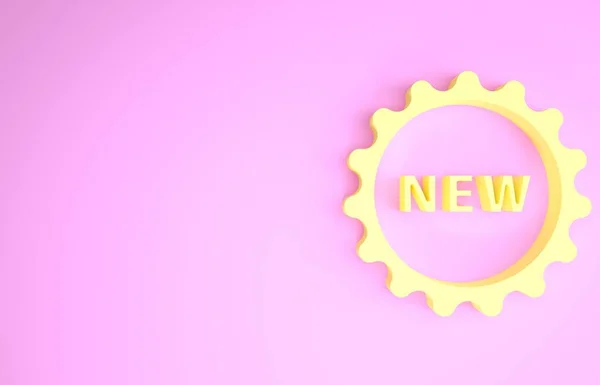 Желтый ценник с надписью New icon isolated on pink background. Значок по цене. Акция скидка. Концепция минимализма. 3D-рендеринг — стоковое фото