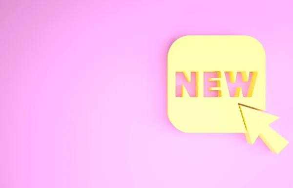 Pulsante giallo con un'iscrizione Nuova icona isolata su sfondo rosa. Badge per il prezzo. Promozionale tag sconto. Concetto minimalista. Illustrazione 3d rendering 3D — Foto Stock