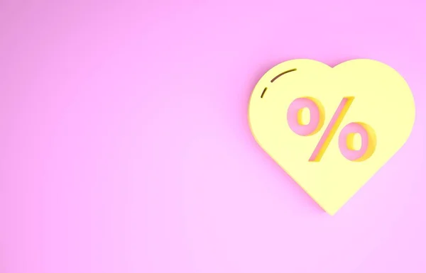 Etiqueta de porcentaje de descuento amarillo en el icono del corazón aislado sobre fondo rosa. Señal de etiqueta de compra. Señal de oferta especial. Cupones de descuento símbolo. Concepto minimalista. 3D ilustración 3D render —  Fotos de Stock
