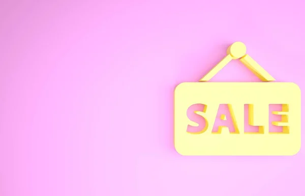 Panneau suspendu jaune avec texte Icône de vente isolée sur fond rose. Panneau avec texte Vente. Concept de minimalisme. Illustration 3D rendu 3D — Photo