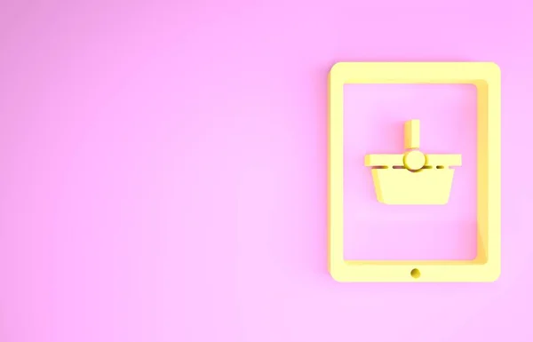 Gelber Warenkorb auf dem Bildschirm Tablet-Symbol isoliert auf rosa Hintergrund. Konzept E-Commerce, E-Business, Online Business Marketing. Minimalismus-Konzept. 3D Illustration 3D Renderer — Stockfoto