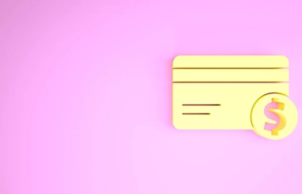 Cartão de crédito amarelo e ícone símbolo dólar isolado no fundo rosa. Pagamento online. Retirada de dinheiro. Operações financeiras. Conceito de minimalismo. 3D ilustração 3D render — Fotografia de Stock