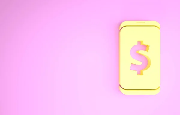 Smartphone giallo con icona simbolo dollaro isolato su sfondo rosa. Concetto di shopping online. Cellulare finanziario. Pagamento online. Concetto minimalista. Illustrazione 3d rendering 3D — Foto Stock