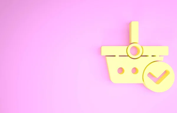 Gelber Warenkorb mit Häkchen auf rosa Hintergrund. Supermarkt Warenkorb mit genehmigt, bestätigen, abhaken, abgeschlossen. Minimalismus-Konzept. 3D Illustration 3D Renderer — Stockfoto